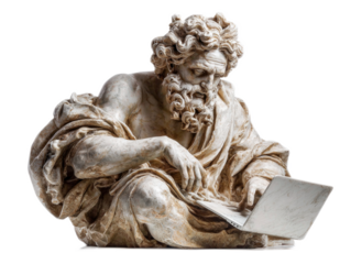 Ancient Classical Sculpture of Bearded Man with Laptop in Modern Style