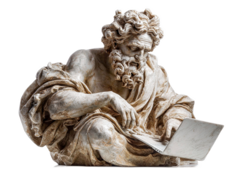 Ancient Classical Sculpture of Bearded Man with Laptop in Modern Style