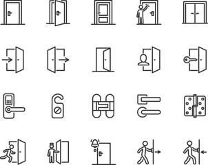 Vector set of door line icons. Contains icons entrance, exit, open door, doorbell, knock, door handle, door hinge, emergency exit and more. Pixel perfect.