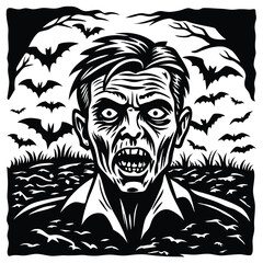 Fototapeta premium Grotesque zombie head emerging from dark landscape with bats
