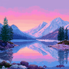 sunrise over the lake and the mountains