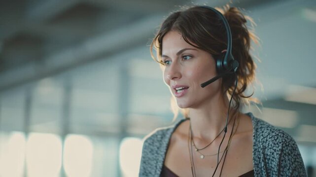 Energetic female sales rep on a call in a modern open-plan office wearing a headset mic using dynamic gestures and expressive body language