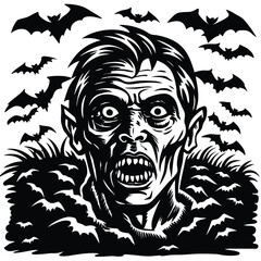 Grotesque zombie head with bats emerging flying