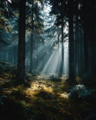 Fototapeta premium Mystical foggy forest with sunrays filtering through trees