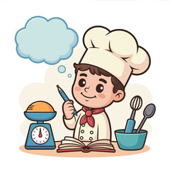 Cute cartoon chef boy thinking about cooking with recipe book and ingredients