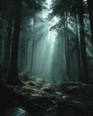 Fototapeta premium Mystical foggy forest with sunrays filtering through trees