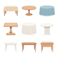 Collection of nine different styles of tables with and without tablecloths