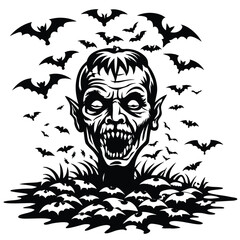 Fototapeta premium Monstrous zombie head emerging from ground surrounded by bats