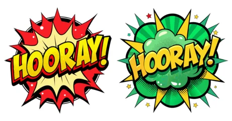 Fotobehang Positive Typography Two Comic Book Style Hooray Speech Bubbles in Red and Green Colors  © Afia