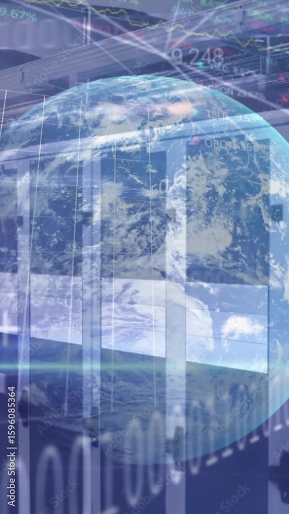 Poster animation of globe and data processing over computer servers