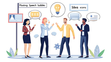 Diverse team brainstorming ideas with speech bubbles and lightbulb in a collaborative environment