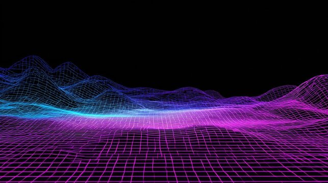 Abstract digital landscape with wireframe terrain.