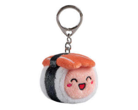 Plush sushi roll keychain kawaii face orange white black cute soft toy isolated metal ring joyful playful accessory fun collectible gift idea happiness