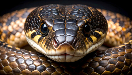 Obraz premium Mysterious Serpent: A captivating portrait of a snake, its intense gaze and intricately patterned scales draw the viewer into the secret realm of the creature, showcasing the wild beauty of nature.