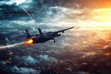 Naklejka premium Jet fighter soaring through clouds at twilight, showcasing bright afterburner flames