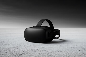 Minimalist black VR headset on smooth floor, modern virtual reality tech concept, futuristic immersive experience virtual reality background