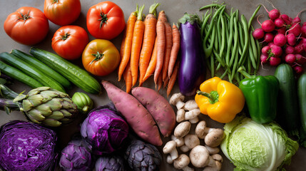Vibrant display of an assortment of fresh vegetables including carrots, tomatoes, peppers, and cabbages, ideal for promoting healthy eating, culinary preparations, and food-related themes.