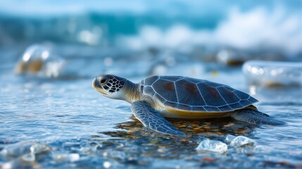 Plastic pollution threatening sea turtles – ocean contamination, endangered marine life crisis

