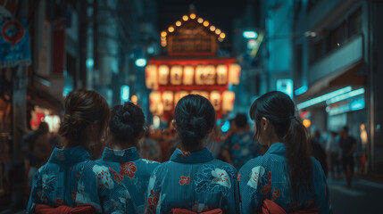 Obraz premium Girls in Traditional Yukata Admiring Obon Festival Float Illuminated by Lanterns in a Night Street Celebration Japan