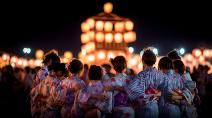 Traditional group hug in yukata under glowing lanterns during Obon Festival celebration in Japan at night, capturing unity and cultural spirit