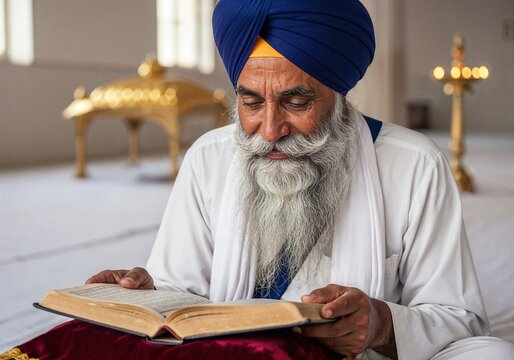 Elderly sikh man reading a book indoors with turban and long beard