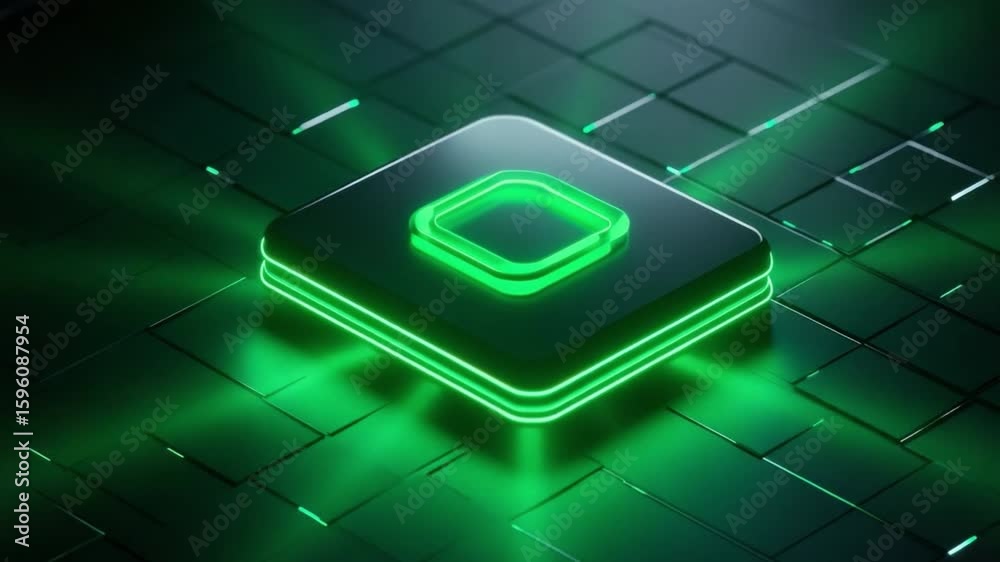 Sticker abstract glowing square icon with neon green light effect on a dark geometric background for technol