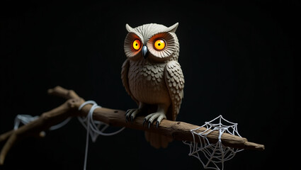 A spooky owl with glowing eyes perches on a branch adorned with spiderwebs, creating a creepy halloween decoration against a dark background