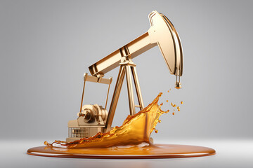 A golden oil pump extracting and spilling liquid gold. The image showcases the beauty of industry