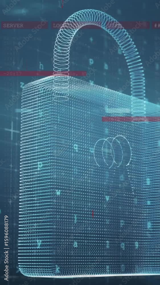 Poster animation of digital data processing over padlock on dark background