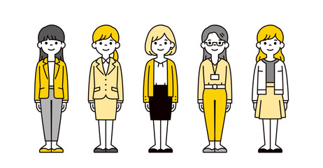 若いビジネスウーマンの、シンプルな全身イラスト素材セット＿ベクター