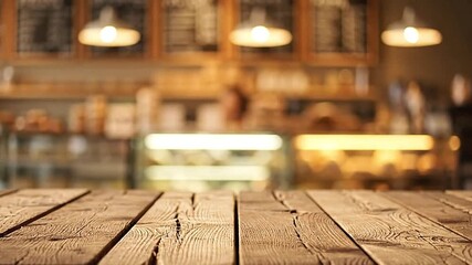 A rustic wooden table is set against the blurred background of a cafe interior featuring menu boards baked goods and a staff member