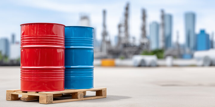 Two colorful fuel barrels stand on a wooden pallet, with industrial buildings in the background, showcasing the essence of industry