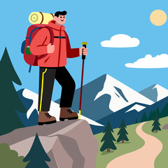 Flat illustration of an individual character who is going hiking in the mountains with adequate equipment for his journey.