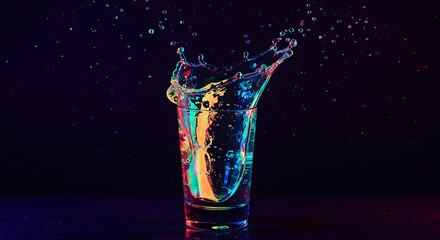 Vibrant liquid splash in a glass, illuminated with colorful lights against a dark background.