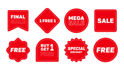 Isolated Red Promotion Sign in Flat style, Sale, 1 free 1, Special Offer Deal Tags, Maketing graphic elements.