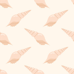 Pattern with stylized pink seashells on a light cream background. For summer textiles and beach designs.