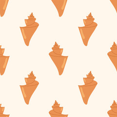 Seamless pattern with brown seashells on a cream background. Underwater element. For summer textiles and beach designs.