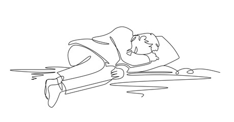 Tired man sleeping on pillow monochrome continuous line vector illustration simple hand drawn sketch
