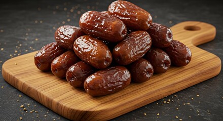 Top view of fresh dates on wooden cutting board. Dried sweet fruit, vegan healthy snack. Traditional Arabian cuisine ingredient, dietary food rich in vitamins and minerals.