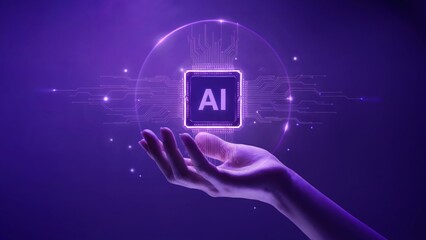 Human hand holding a glowing AI chip surrounded by digital circuits against a purple background