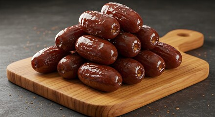 Top view of fresh dates on wooden cutting board. Dried sweet fruit, vegan healthy snack. Traditional Arabian cuisine ingredient, dietary food rich in vitamins and minerals.