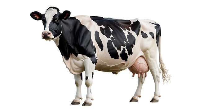 A black and white holstein friesian dairy cow standing on a white background