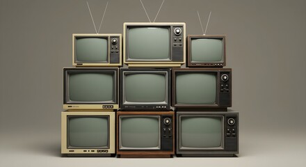 Stacked old CRT TVs. Vintage retro television screens, tube displays with blank screens. 90s era tech, obsolete electronic devices, old technology, antique broadcast receivers.