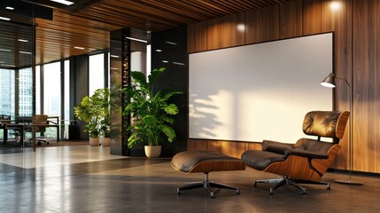 Modern office interior with designer chair, blank screen, and indoor plants