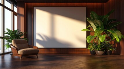 Elegant living room interior with armchair, plants, and blank canvas wall art