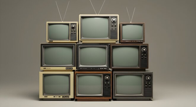 Stacked old CRT TVs. Vintage retro television screens, tube displays with blank screens. 90s era tech, obsolete electronic devices, old technology, antique broadcast receivers.