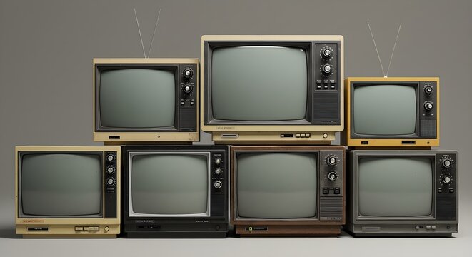 Stacked old CRT TVs. Vintage retro television screens, tube displays with blank screens. 90s era tech, obsolete electronic devices, old technology, antique broadcast receivers.