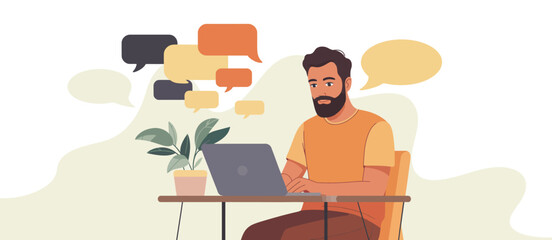 Man working on laptop with chat bubbles representing communication and ideas