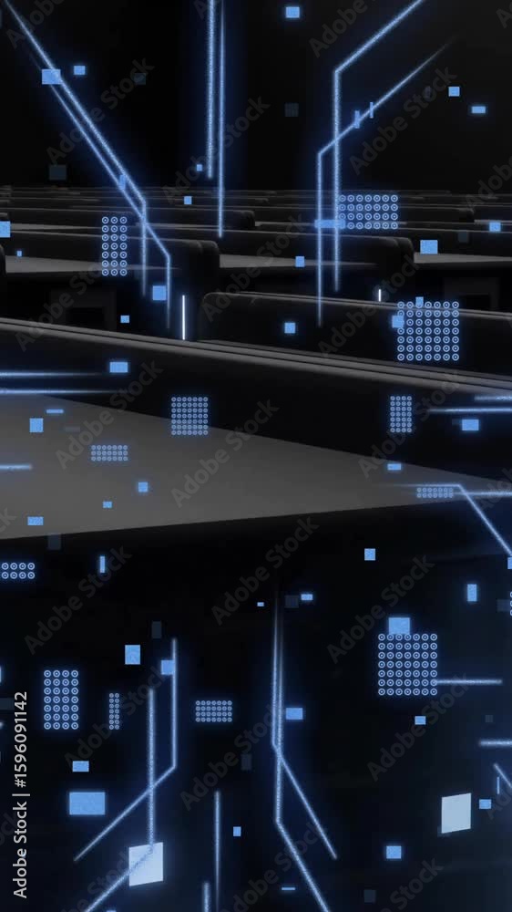 Poster animation of circuit board and digital data processing over computer servers