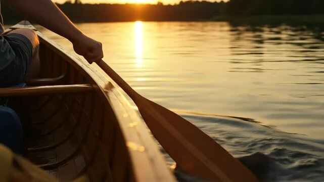 Person steers wooden boat with paddle on water. Sunny summer day, golden hour light reflects on calm lake surface. Close-up of paddle moving water, creating ripples, reflecting sun.